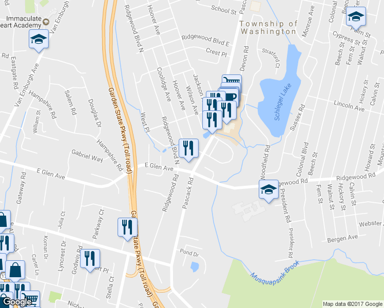 map of restaurants, bars, coffee shops, grocery stores, and more near 3 Sutton Way in Township of Washington