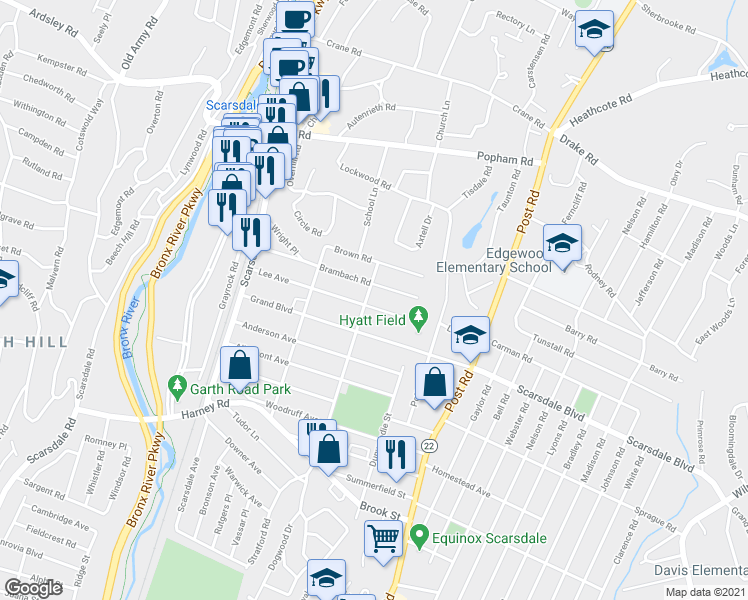 map of restaurants, bars, coffee shops, grocery stores, and more near 108 Lee Road in Scarsdale