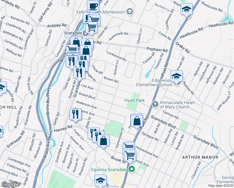 map of restaurants, bars, coffee shops, grocery stores, and more near 108 Lee Road in Scarsdale