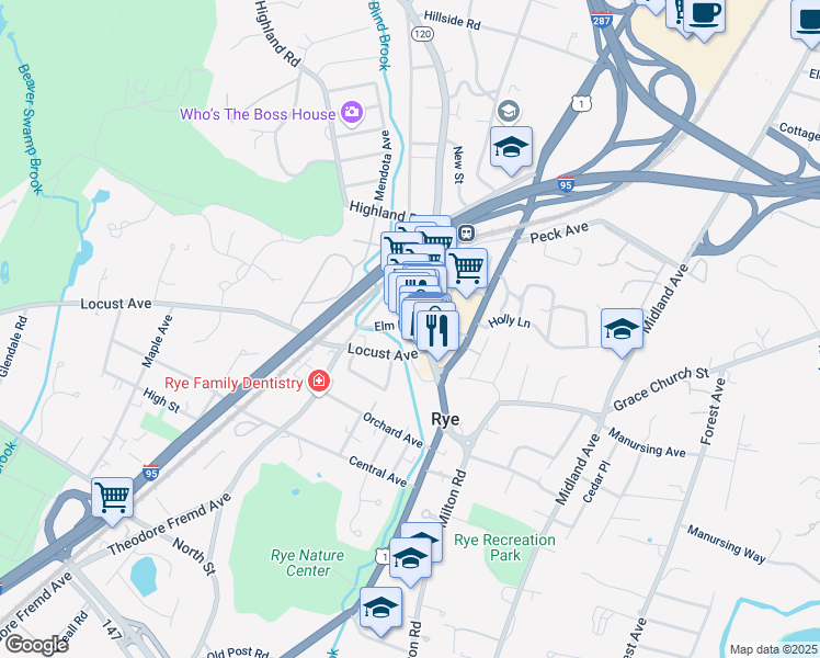 map of restaurants, bars, coffee shops, grocery stores, and more near 36 New York 120 in Rye