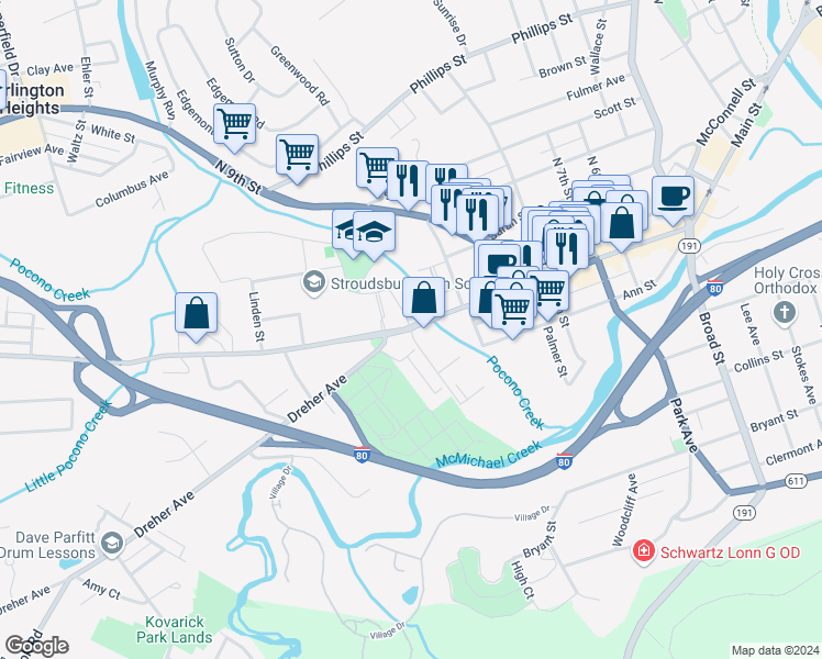 map of restaurants, bars, coffee shops, grocery stores, and more near 105 Waverly Drive in Stroudsburg
