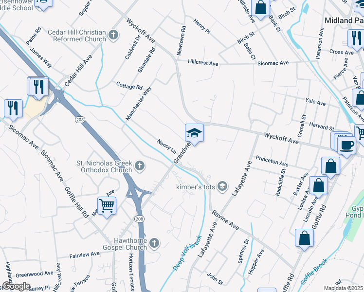 map of restaurants, bars, coffee shops, grocery stores, and more near 427 Grandview Avenue in Wyckoff