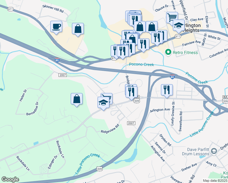 map of restaurants, bars, coffee shops, grocery stores, and more near 2060 Miller Street in Stroudsburg