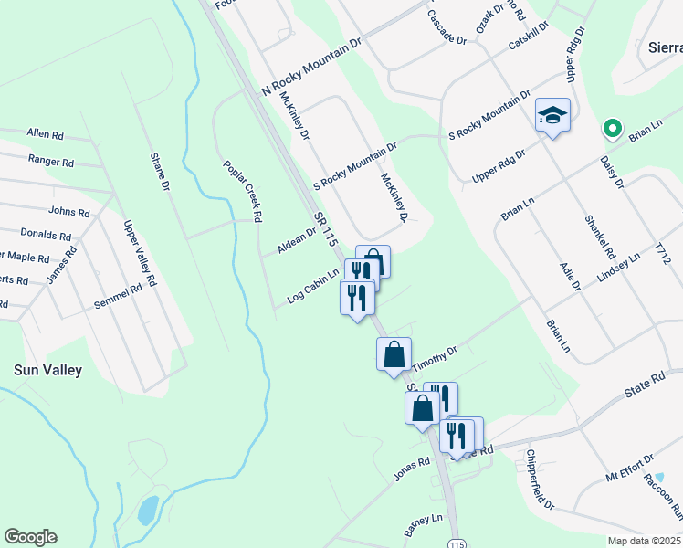map of restaurants, bars, coffee shops, grocery stores, and more near 103 Log Cabin Lane in Effort