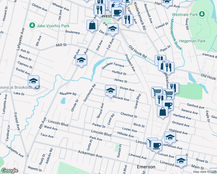 map of restaurants, bars, coffee shops, grocery stores, and more near 24 Chandler Drive in Emerson