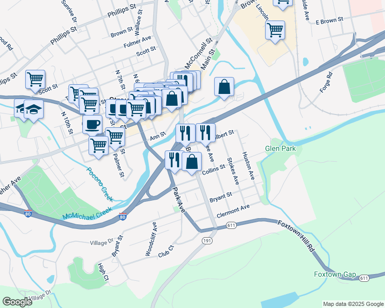 map of restaurants, bars, coffee shops, grocery stores, and more near 64 Broad Street in Stroudsburg