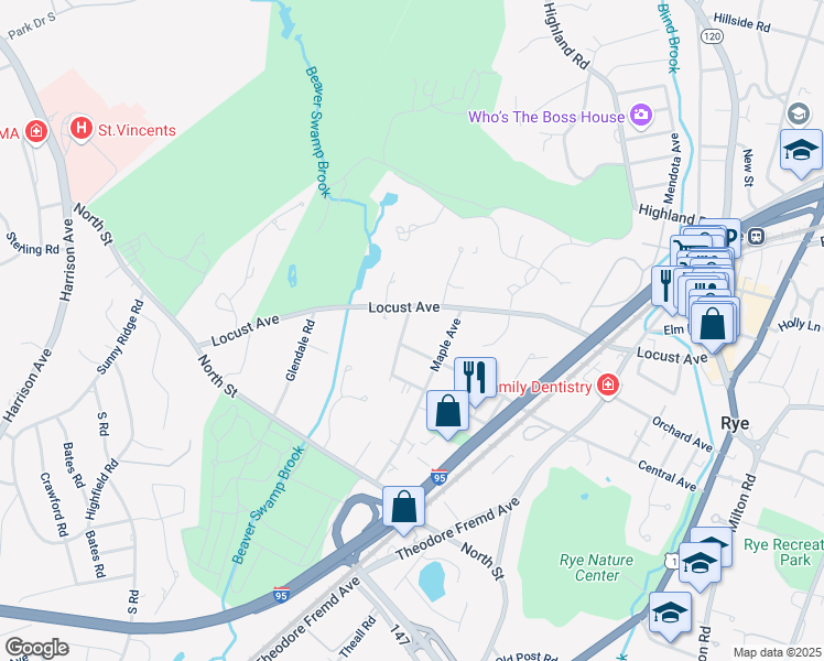 map of restaurants, bars, coffee shops, grocery stores, and more near 17 Summit Avenue in Rye