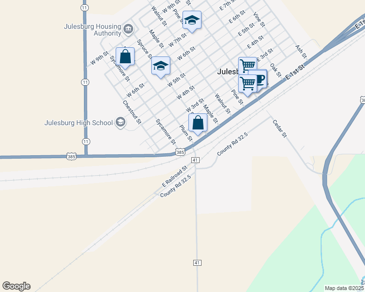 map of restaurants, bars, coffee shops, grocery stores, and more near 600 West 1st Street in Julesburg