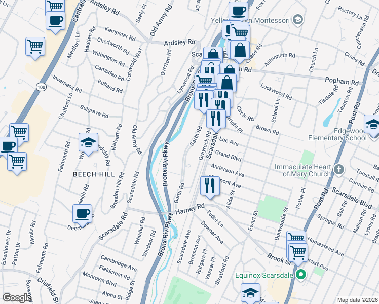 map of restaurants, bars, coffee shops, grocery stores, and more near 230 Garth Road in Scarsdale