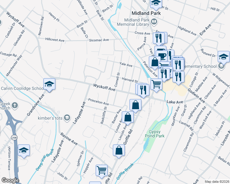 map of restaurants, bars, coffee shops, grocery stores, and more near 411 Vassar Street in Wyckoff