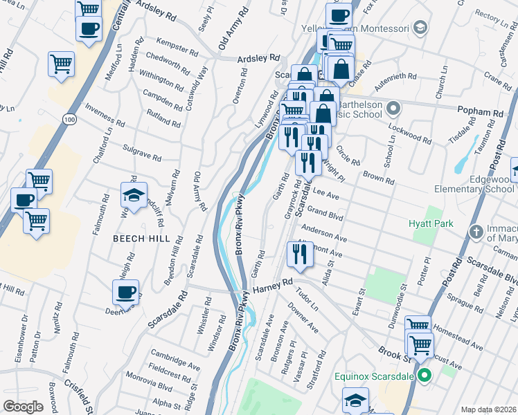 map of restaurants, bars, coffee shops, grocery stores, and more near 209 Garth Road in Scarsdale