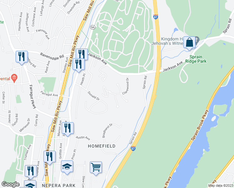 map of restaurants, bars, coffee shops, grocery stores, and more near 2 Clarewood Drive in Hastings-on-Hudson