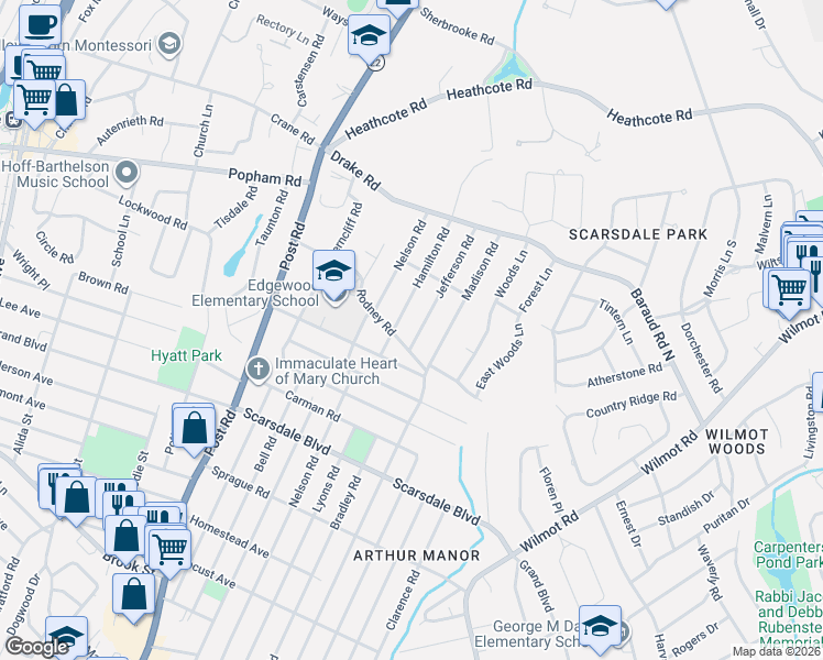 map of restaurants, bars, coffee shops, grocery stores, and more near 227 Madison Road in Scarsdale