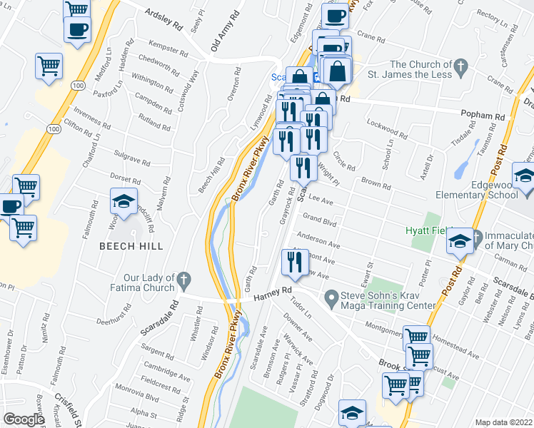map of restaurants, bars, coffee shops, grocery stores, and more near 230 Garth Road in Scarsdale