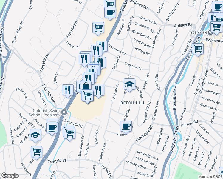 map of restaurants, bars, coffee shops, grocery stores, and more near 221 Falmouth Road in Scarsdale