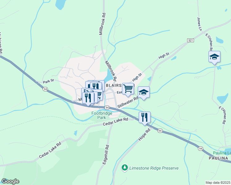 map of restaurants, bars, coffee shops, grocery stores, and more near 12 Bridge Street in Blairstown