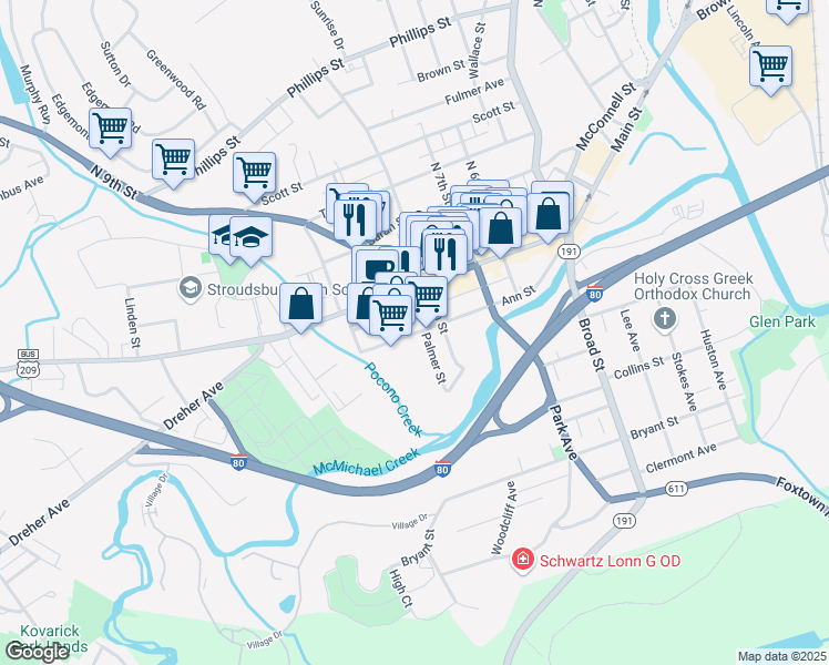 map of restaurants, bars, coffee shops, grocery stores, and more near 825 Ann Street in Stroudsburg