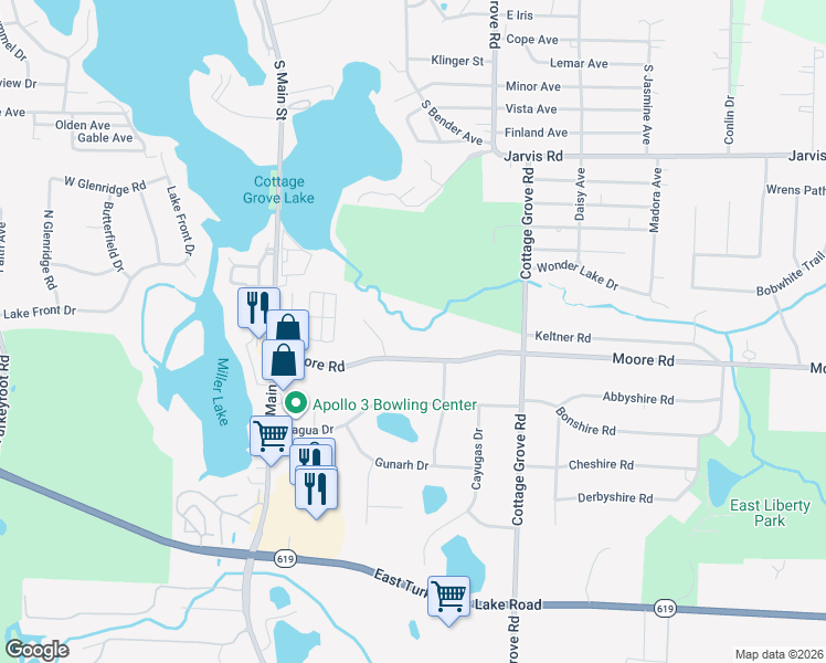map of restaurants, bars, coffee shops, grocery stores, and more near 173 Moore Road in Akron