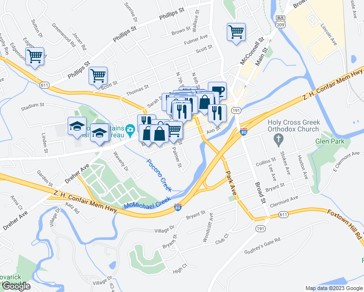 map of restaurants, bars, coffee shops, grocery stores, and more near 110 South 8th Street in Stroudsburg