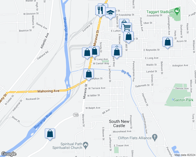map of restaurants, bars, coffee shops, grocery stores, and more near 98 West Sharp Street in New Castle