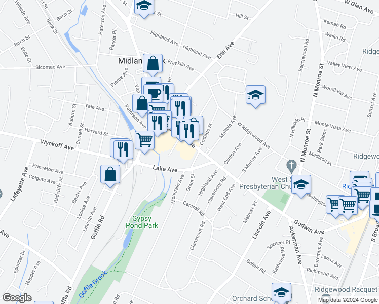 map of restaurants, bars, coffee shops, grocery stores, and more near 19 Cottage Street in Midland Park