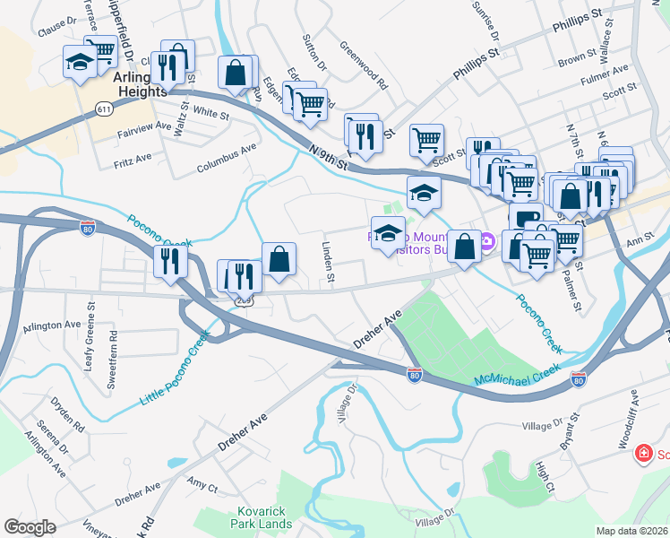 map of restaurants, bars, coffee shops, grocery stores, and more near 1140 West Main Street in Stroudsburg