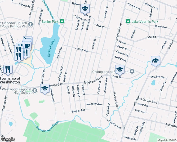 map of restaurants, bars, coffee shops, grocery stores, and more near 275 Calvin Street in Township of Washington