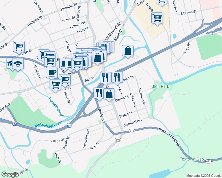 map of restaurants, bars, coffee shops, grocery stores, and more near 64 Broad Street in Stroudsburg