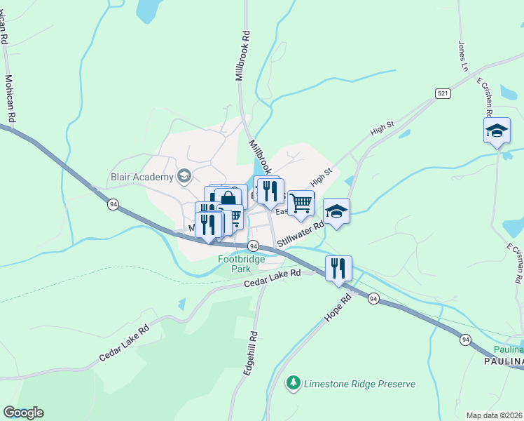 map of restaurants, bars, coffee shops, grocery stores, and more near 12 Bridge Street in Blairstown