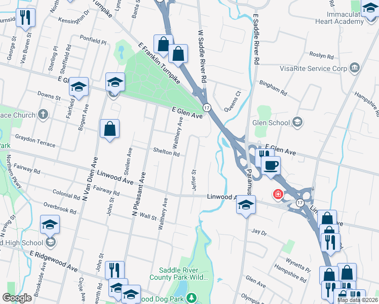 map of restaurants, bars, coffee shops, grocery stores, and more near 267 Pershing Avenue in Ridgewood