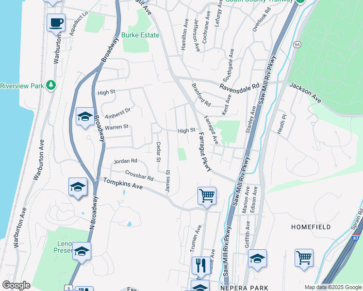 map of restaurants, bars, coffee shops, grocery stores, and more near 8 Rose Street in Hastings-on-Hudson