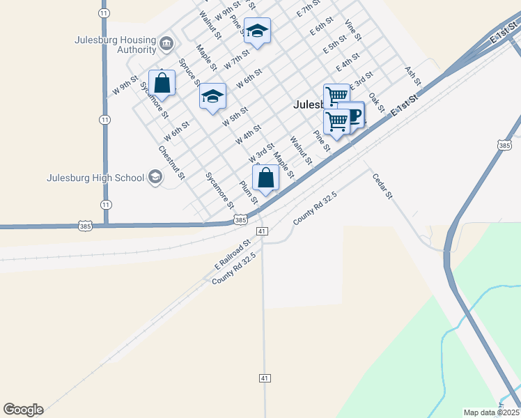 map of restaurants, bars, coffee shops, grocery stores, and more near 600 West 1st Street in Julesburg