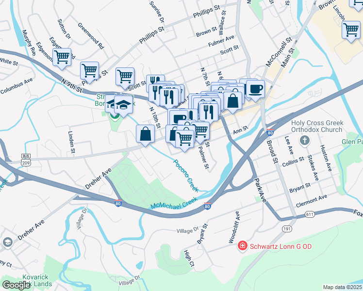 map of restaurants, bars, coffee shops, grocery stores, and more near 18 South 9th Street in Stroudsburg