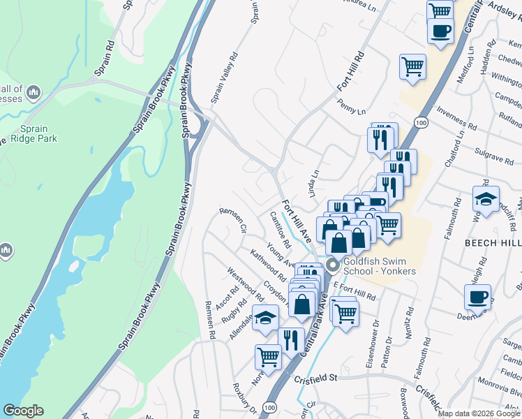 map of restaurants, bars, coffee shops, grocery stores, and more near 25 Hearthstone Road in Yonkers