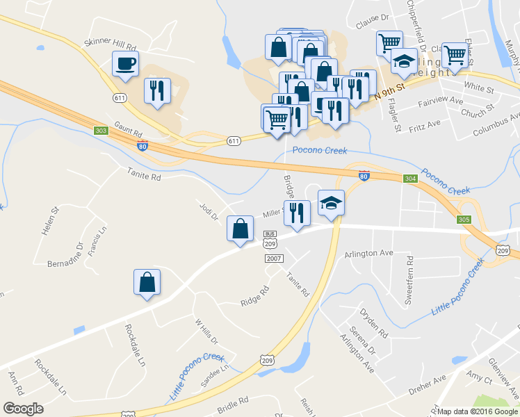 map of restaurants, bars, coffee shops, grocery stores, and more near 2054 Miller Street in Stroudsburg