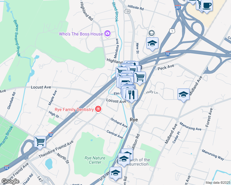 map of restaurants, bars, coffee shops, grocery stores, and more near 40 Locust Avenue in Rye