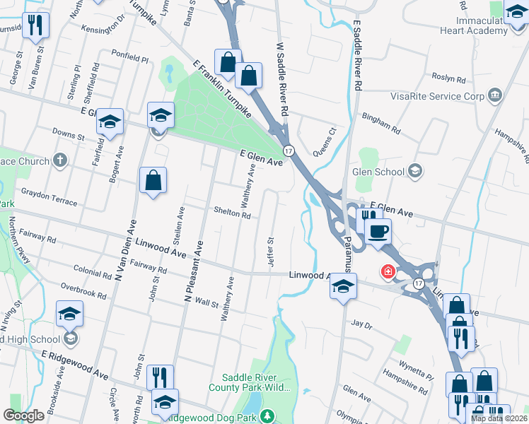map of restaurants, bars, coffee shops, grocery stores, and more near 267 Pershing Avenue in Ridgewood