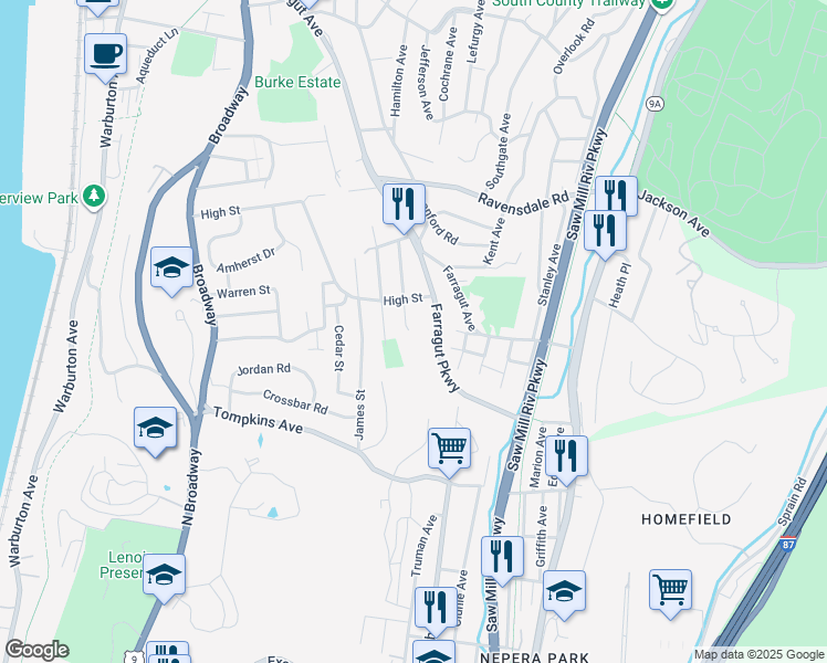 map of restaurants, bars, coffee shops, grocery stores, and more near 8 Rose Street in Hastings-on-Hudson