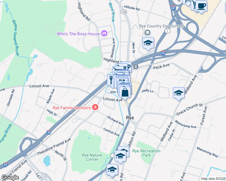 map of restaurants, bars, coffee shops, grocery stores, and more near 40 Locust Avenue in Rye