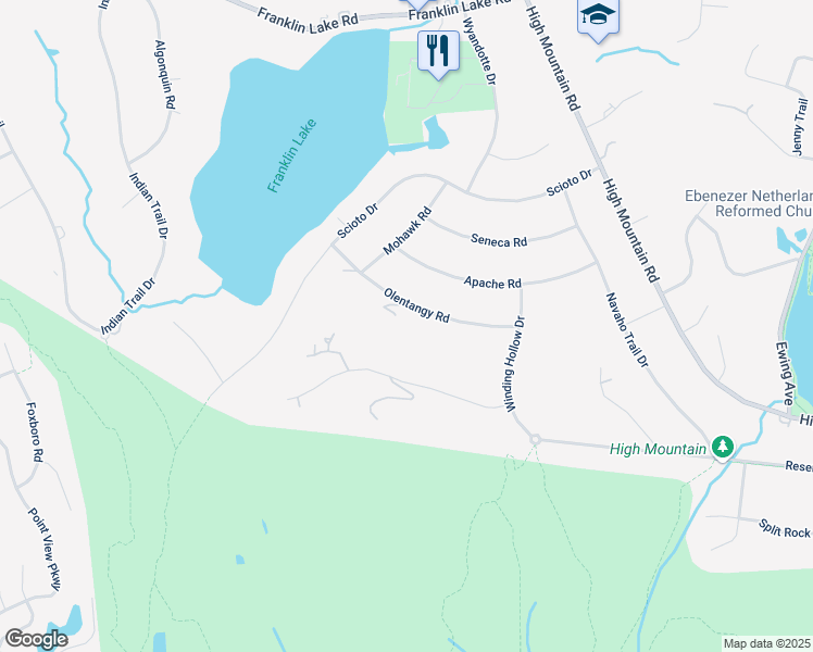map of restaurants, bars, coffee shops, grocery stores, and more near 903 Cherokee Lane in Franklin Lakes