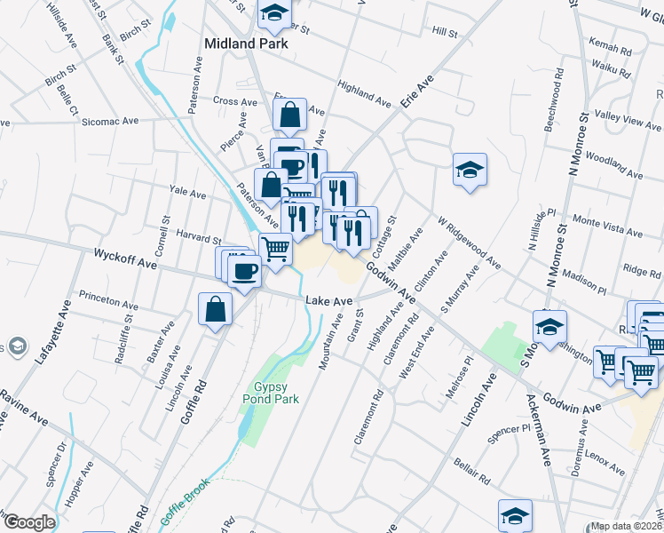 map of restaurants, bars, coffee shops, grocery stores, and more near 15 Cottage Street in Midland Park