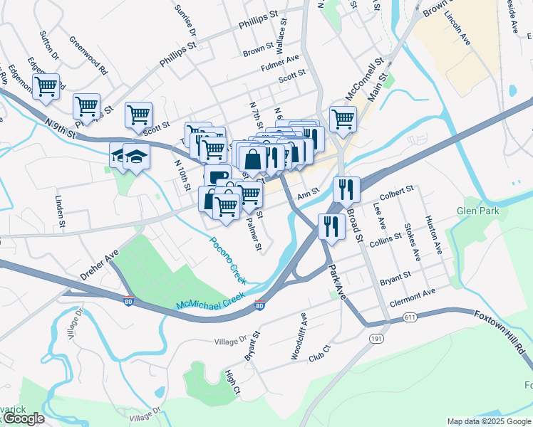 map of restaurants, bars, coffee shops, grocery stores, and more near 741 Ann Street in Stroudsburg