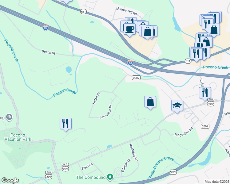 map of restaurants, bars, coffee shops, grocery stores, and more near 1105 Francis Lane in Stroudsburg