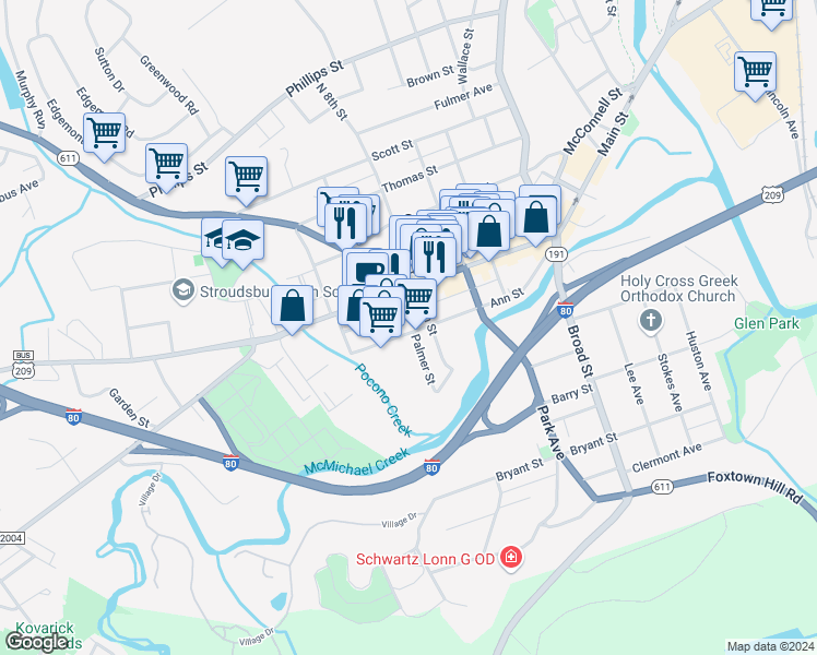 map of restaurants, bars, coffee shops, grocery stores, and more near 818 Ann Street in Stroudsburg