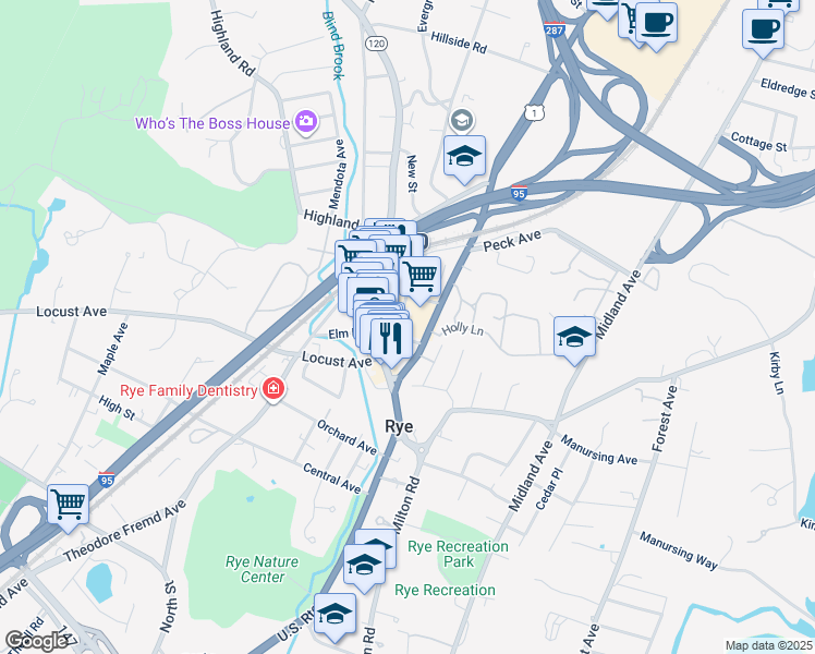 map of restaurants, bars, coffee shops, grocery stores, and more near 1097 Boston Post Road in Rye