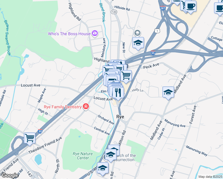 map of restaurants, bars, coffee shops, grocery stores, and more near 36 New York 120 in Rye