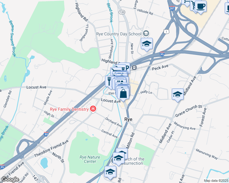 map of restaurants, bars, coffee shops, grocery stores, and more near 40 Locust Avenue in Rye