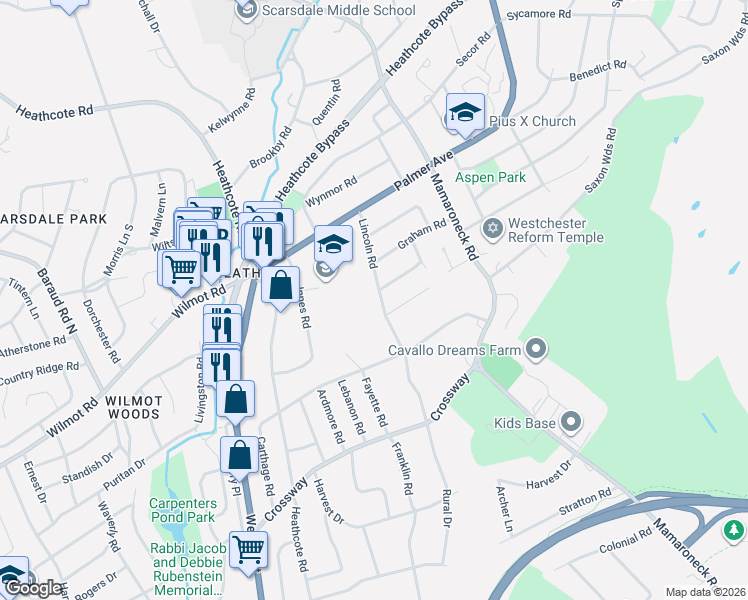 map of restaurants, bars, coffee shops, grocery stores, and more near 30 Lincoln Road in Scarsdale