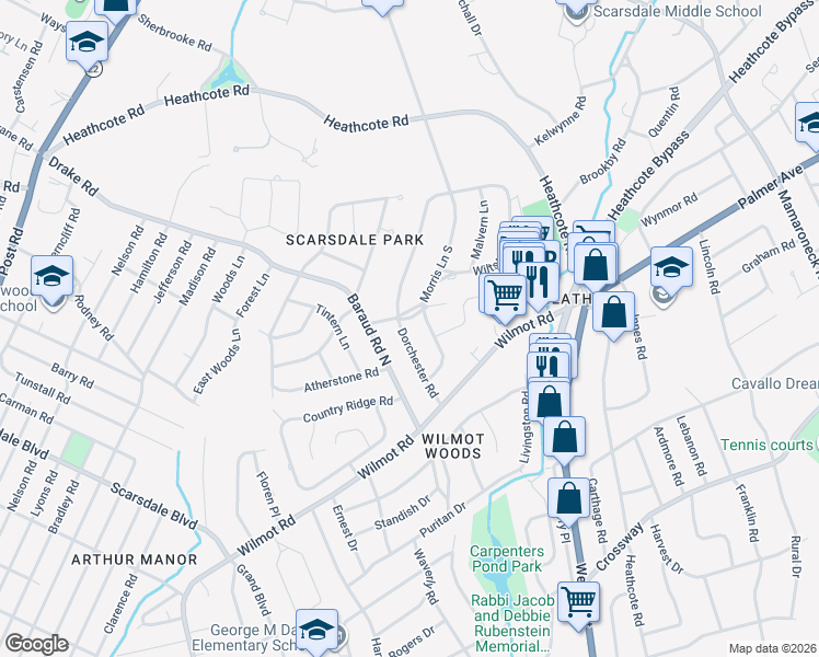 map of restaurants, bars, coffee shops, grocery stores, and more near 59 Dorchester Road in Scarsdale