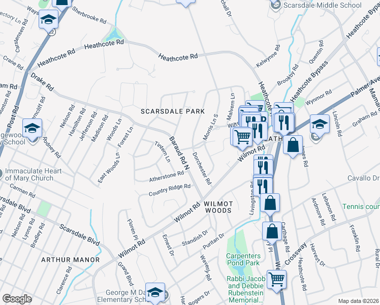 map of restaurants, bars, coffee shops, grocery stores, and more near 80 Baraud Road North in Scarsdale